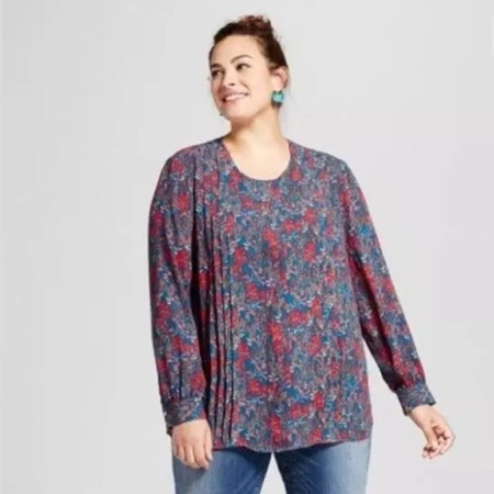AVA & VIV Floral Blouse Long Sleeve Pintuck Size 2X